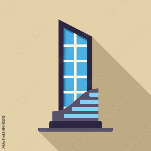 Futuristic skyscraper with blue glass facade rising on beige background with long shadow, representing modern architecture and urban development