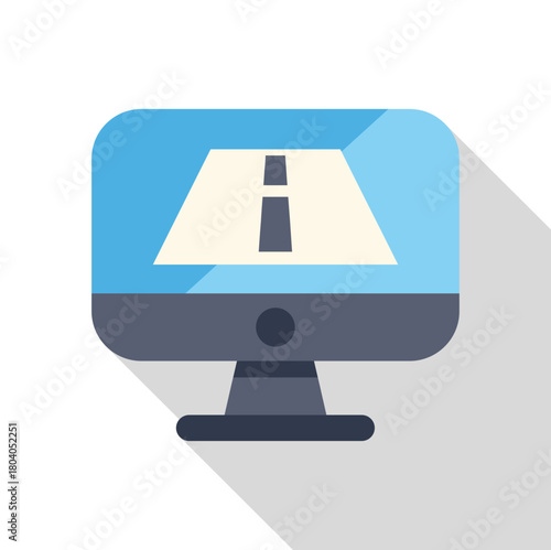 Computer monitor displaying gps navigation software with road and information symbol