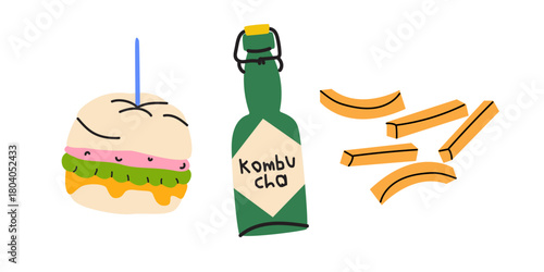 Street food stickers set in retro cartoon style. Fast food elements, burger, sandwich, french fries, drinks, kombucha and other tasty snacks. Unhealthy takeaway food. Vector illustrations