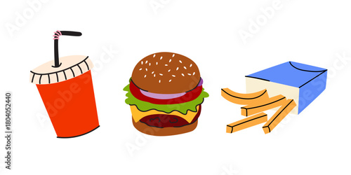 Street food stickers set in retro cartoon style. Fast food elements, burger, sandwich, french fries, drinks, kombucha and other tasty snacks. Unhealthy takeaway food. Vector illustrations