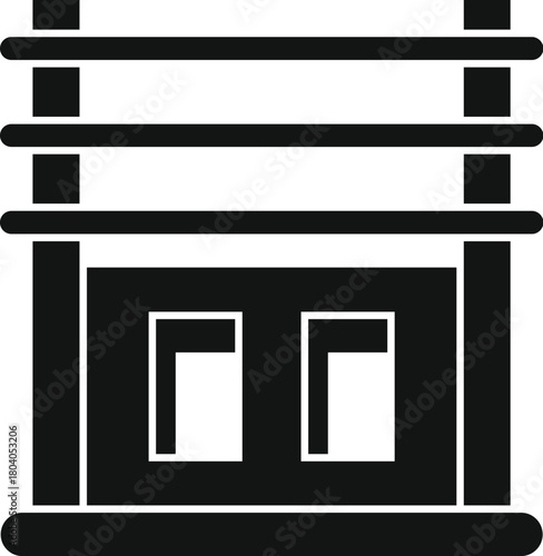 Black silhouette of construction scaffolding placed over building frame with two windows, simple icon for construction industry