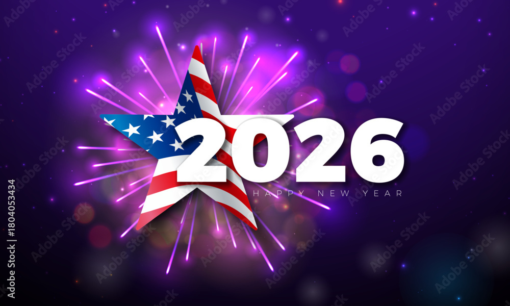 Naklejka premium 2026 Happy New Year Greeting Card Design with American Flag and Fireworks on Shiny Night Sky Background. New Year Celebration Holiday Design with Christmas Ornaments for Flyer, Banner, Poster, Party
