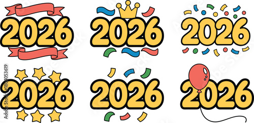 Collection of 2026 new year design with cartoonish style isolated on for graphic use