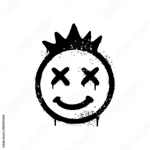 Grungy graffiti smiley face icon with crown and spray paint texture, street art style.