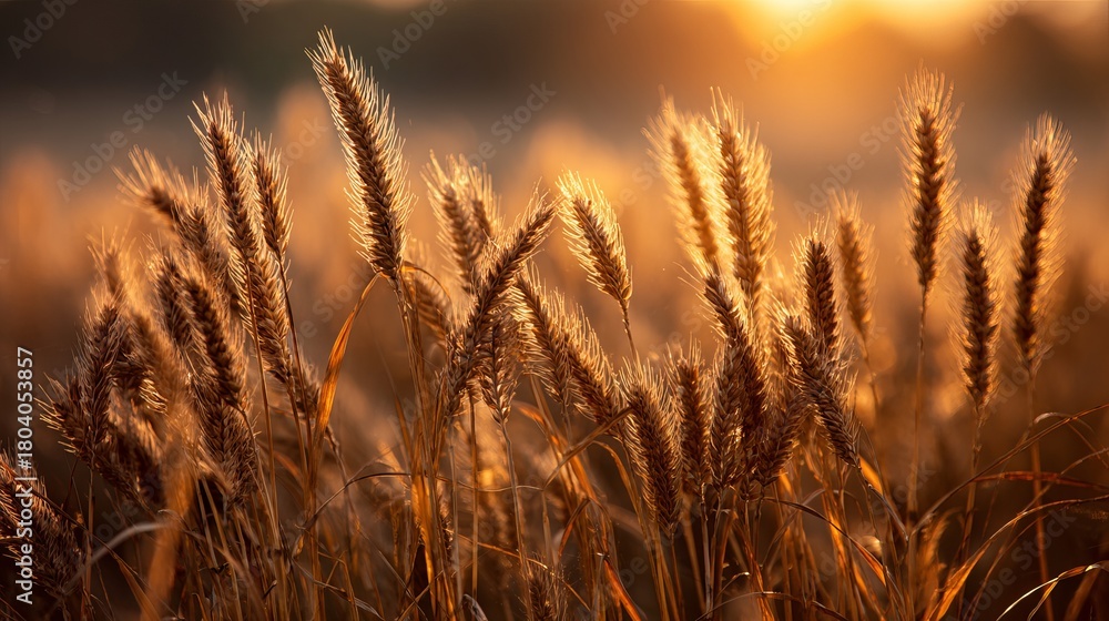 Fototapeta premium Golden hour sunlight shines through wheat field creating a warm, inviting, and peaceful summer scene perfect for idyllic landscapes