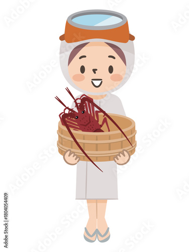 磯桶に伊勢海老を入れた海女（あま）さんのイラスト 三重県の伝統漁業と名物