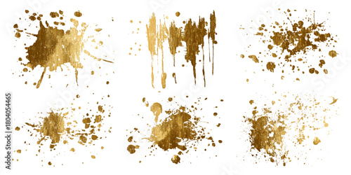 Collection of golden watercolor paint splashes textured brush strokes background design .watercolor grunge ink splash bundle golden brush set vector illustration.