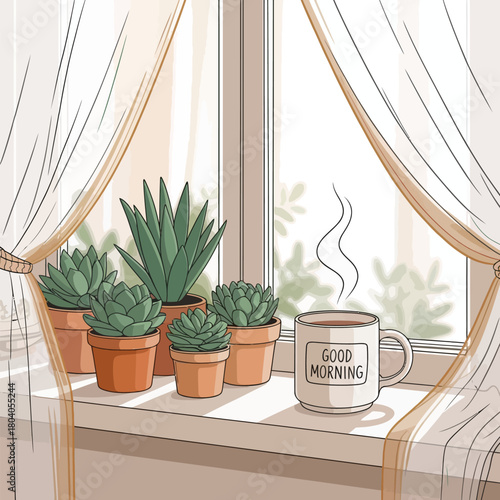 Cozy Window with Succulent Plants and Steaming Coffee Mug
