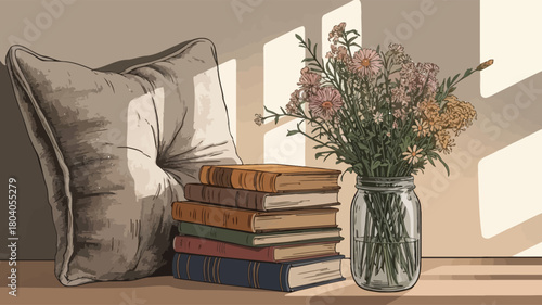 Cozy Living Room Corner with Pillow, Books, and Fresh Flowers in Vase