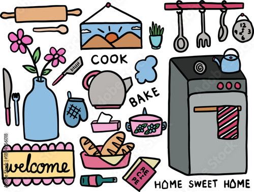 Cute hand drawn vector illustrations of oven, kitchenware, hanging picture, breads, welcome mat, recipe book, champagne bottle, rolling pin, flower and vase, oven glove, tea pot, tissue papers, knife