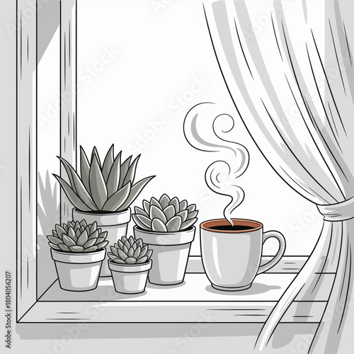 Cozy Window with Succulent Plants and Steaming Coffee Mug
