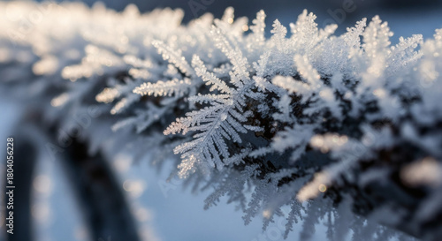 Macro Frost Forming on Metal Railing With Expanding Branching Crystals in Soft Morning Cold Light