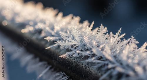 Macro Frost Forming on Metal Railing With Expanding Branching Crystals in Soft Morning Cold Light