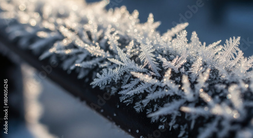 Macro Frost Forming on Metal Railing With Expanding Branching Crystals in Soft Morning Cold Light