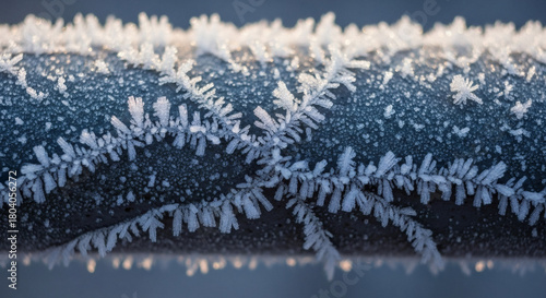 Macro Frost Forming on Metal Railing With Expanding Branching Crystals in Soft Morning Cold Light