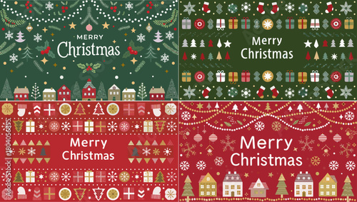 Festive christmas collage featuring holiday decorations trees houses and merry christmas greetings on green and red