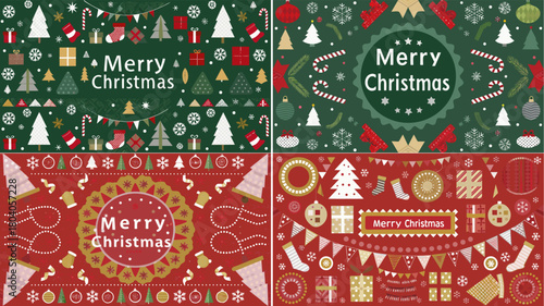 Four christmas themed illustrations with trees gifts snowflakes and merry christmas text in green and red