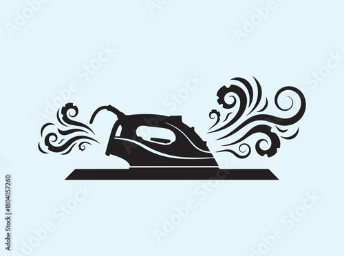 Black Line Art Iron Gliding Over Fabric with Steam Motion
