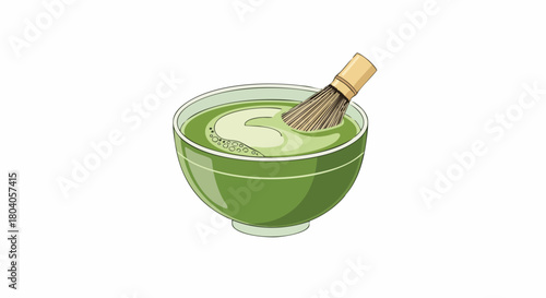 Matcha Tea in Glass Bowl with Bamboo Whisk