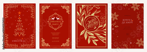 Luxury Corporate Holiday cards with Christmas tree, reindeers, birds, ornate floral frames, background and copy space. For graphic and web design, social media banner.