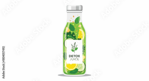Green Detox Juice Bottle with Fresh Fruits and Herbs