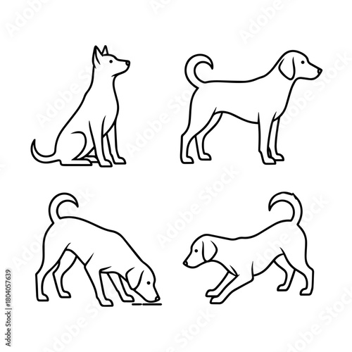 Vector Line Art Dogs Poses Canine Illustrations Sitting Standing Sniffing Playful Pet Outline Graphics Collection Vector Illustration