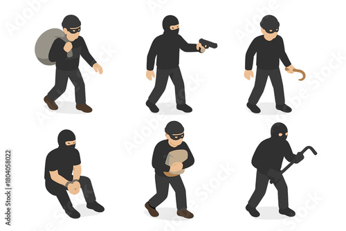 Isometric characters performing various criminal activities with tools and stolen items