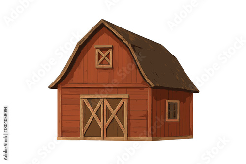 Classic red wooden barn with gambrel roof and large sliding doors