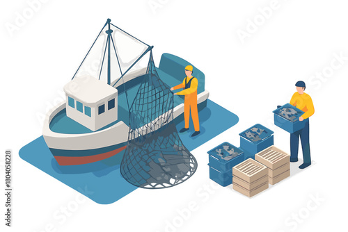Isometric scene of fishermen unloading catch from fishing boat with nets and crates