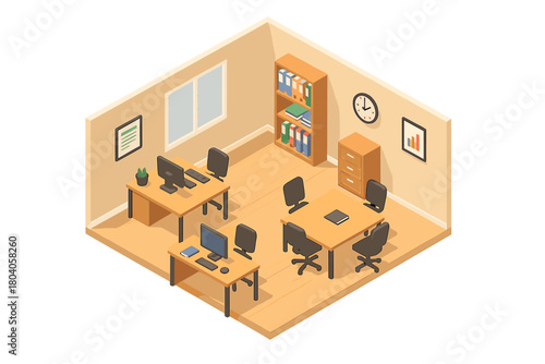 Modern small interior design with desks and central meeting table