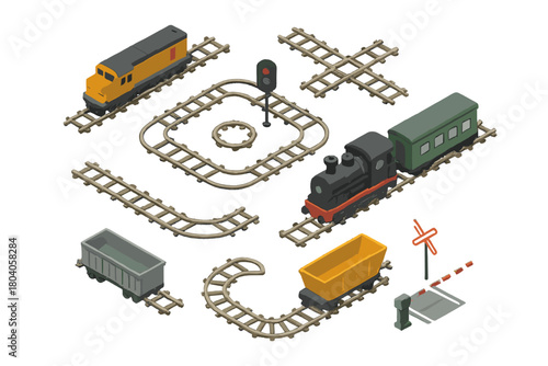 Isometric toy train set elements featuring tracks and railway crossing components