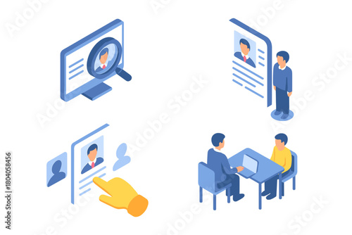 Isometric icons for job recruitment and candidate selection process