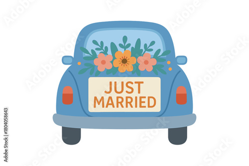 Rear view of blue car decorated with flowers and just married sign