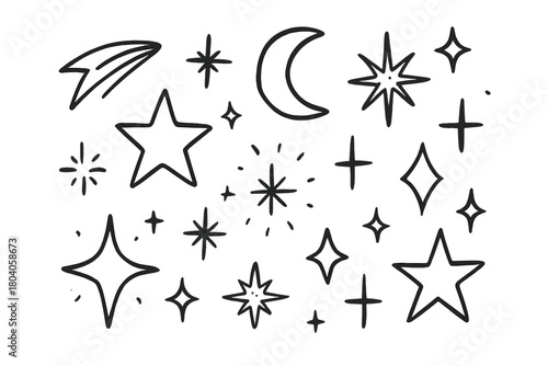 Hand drawn collection of celestial elements featuring stars, moon, and comet