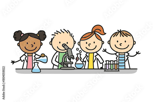 Happy diverse children in lab coats conducting chemistry experiments with glassware
