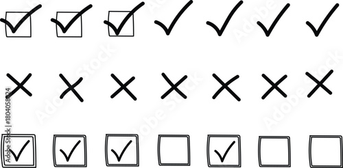 Hand drawn checkmarks and crosses in boxes on white background