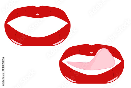 Red Lips Vector Icon Set, Open and Licking Mouth Illustrations for Pop Art and Beauty Design.