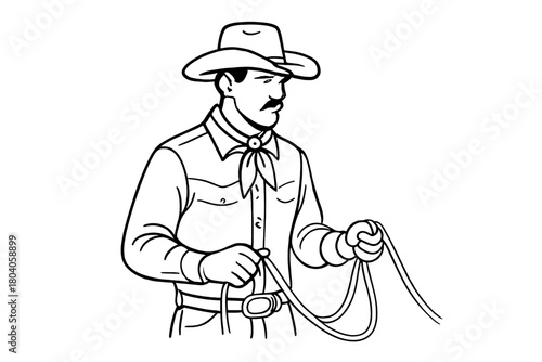 Mustached cowboy holding lasso rope in traditional western attire
