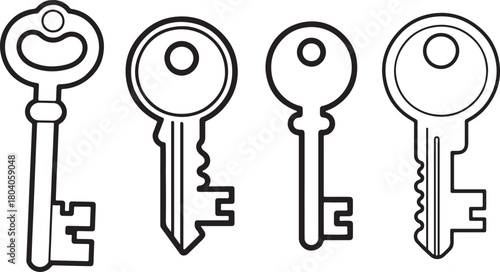 Set of Key and Keyway Line Art, Coloring Book Page Line Art Drawing, Vector and Illustration
