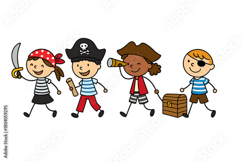 Diverse children in pirate costumes exploring with treasure map and chest