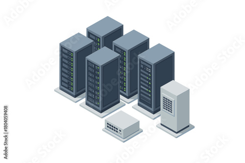 Isometric view of server racks and network equipment in modern data center