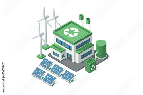Isometric renewable energy facility with solar panels and wind turbines
