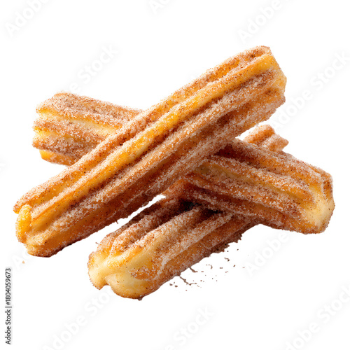 Delicious churros sprinkled with sugar and cinnamon close up on transparent background