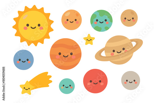 Smiling solar system planets and celestial bodies cartoon set