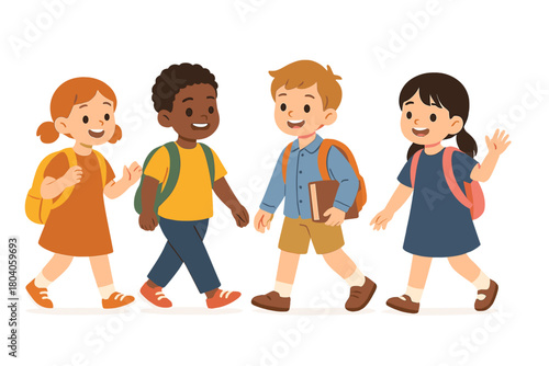 Diverse group of happy children walking forward with backpacks