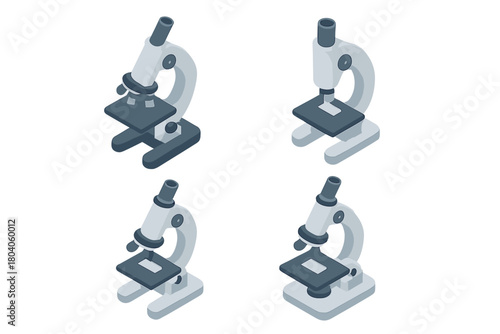 Four isometric laboratory microscopes in gray and blue tones