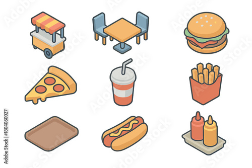 Isometric set of popular fast food icons including burger, pizza, and drink