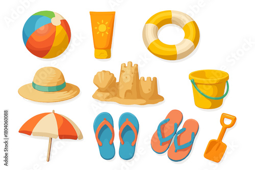 Colorful summer beach vacation accessories and toys collection