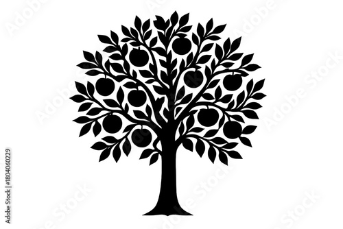 Stylized silhouette of a fruit bearing tree with dense foliage