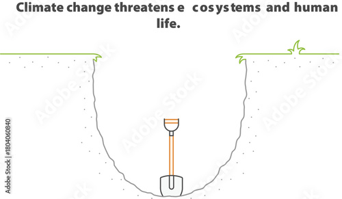 Climate Change Threatens: An illustration depicting the concept of environmental degradation with a spade in a hole, symbolizing the impacts of climate change on ecosystems and human life.
